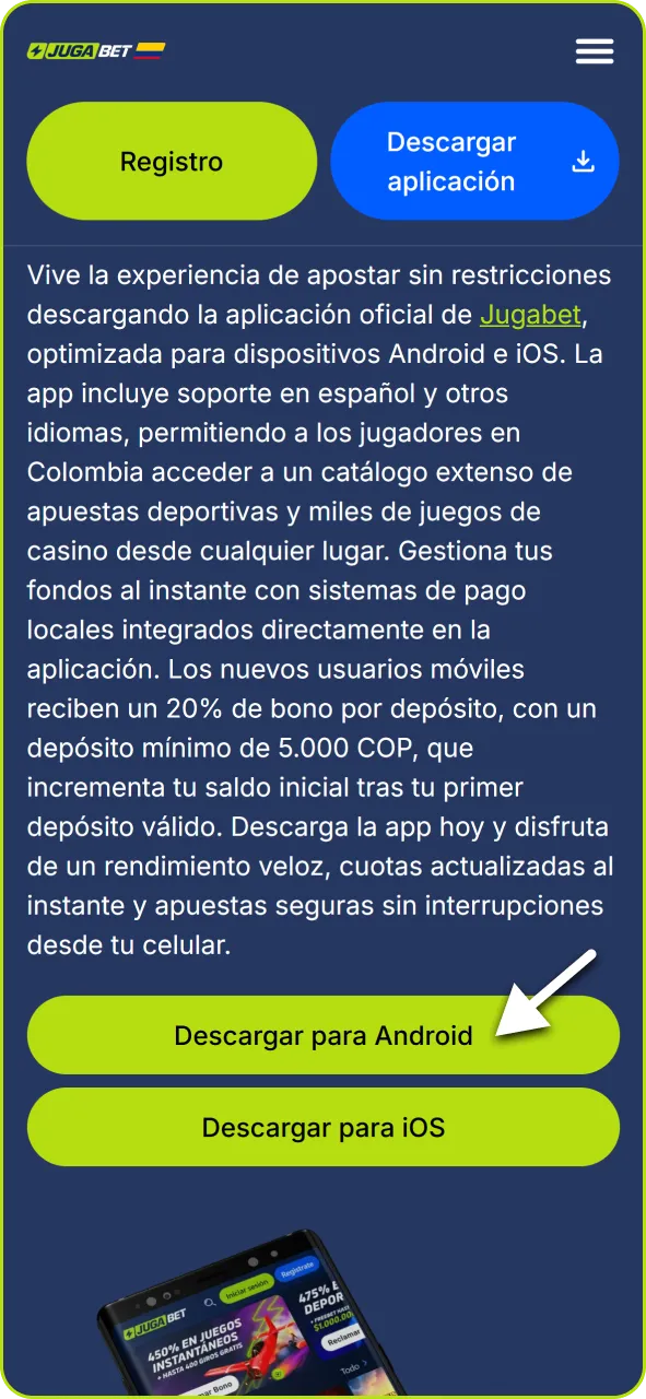Accede a la sección de descarga de Jugabet para obtener el archivo de la app.