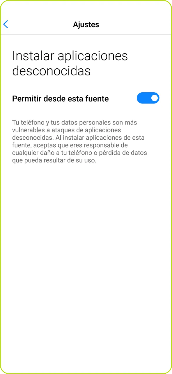 Habilita los permisos de instalación de fuentes desconocidas para instalar Jugabet.