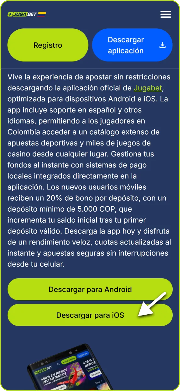 Accede a la plataforma móvil de Jugabet desde el navegador de tu dispositivo iOS.