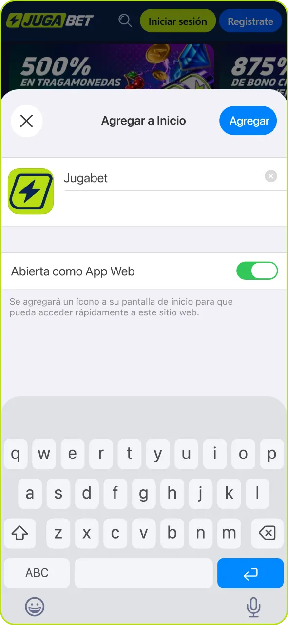Confirma el acceso directo de la aplicación de Jugabet en tu dispositivo móvil.