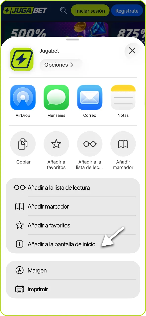 Selecciona la opción de pantalla de inicio para agregar el icono de Jugabet.
