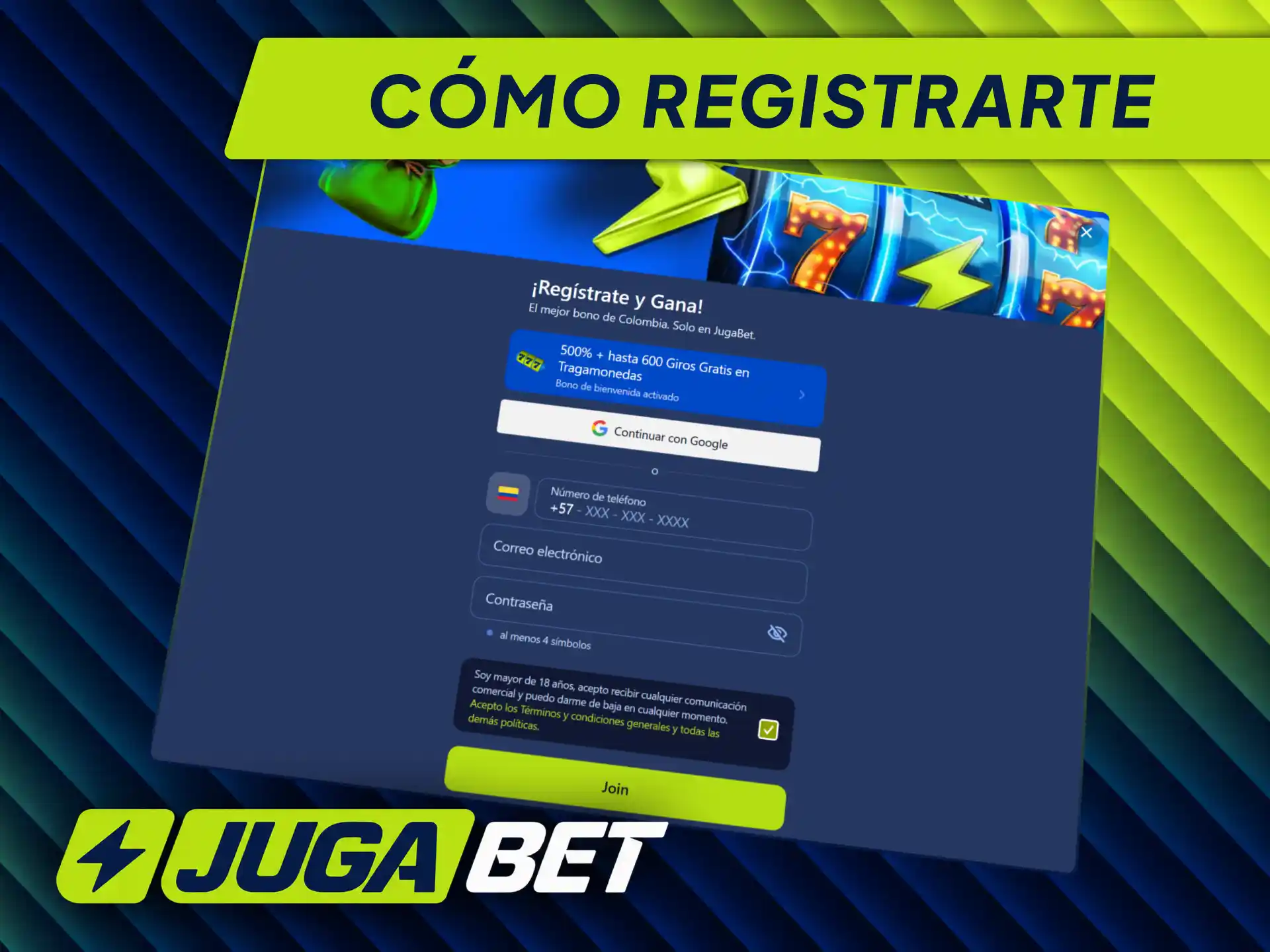 Completa el proceso para registrarte en Jugabet y reclama tu bono de bienvenida en Colombia.