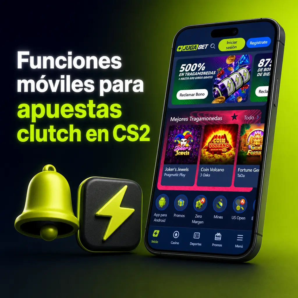 Funciones móviles de la app Jugabet para apostar en vivo en CS2 con cuotas, cash out y notificaciones por ronda.