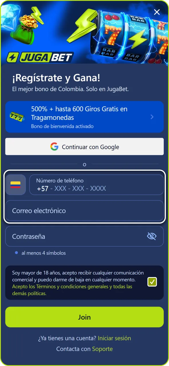 Seleccioná el método de registro que preferís en la app de Jugabet.