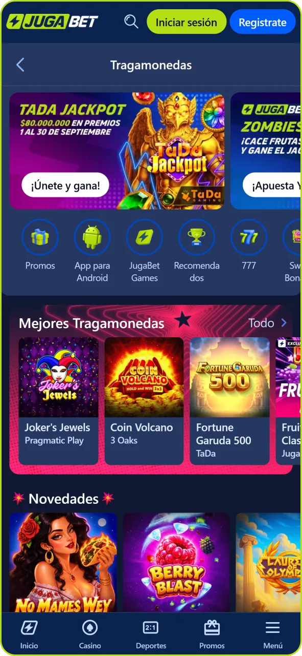 Accede al lobby de casino en Jugabet y explora las tragamonedas disponibles.