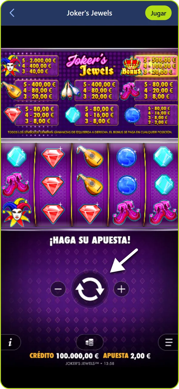 Confirma el giro en la tragamonedas para iniciar la ronda en Jugabet.