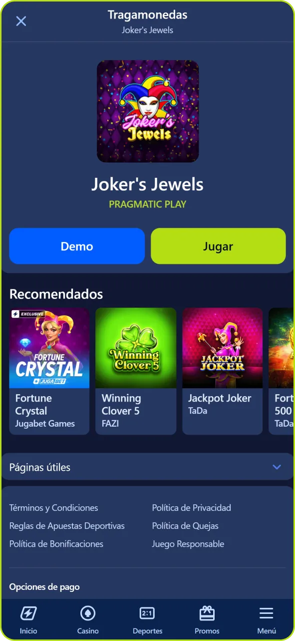 Selecciona tu juego de tragamonedas preferido dentro del catálogo de Jugabet.